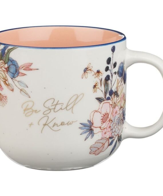 BE STILL AND KNOW FLORAL CERAMIC MUG WITH PEACH INTERIOR