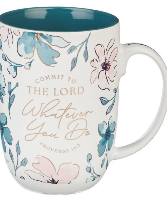 COMMIT TO THE LORD WHATEVER YOU DO CERAMIC MUG WITH TEAL INTERIOR