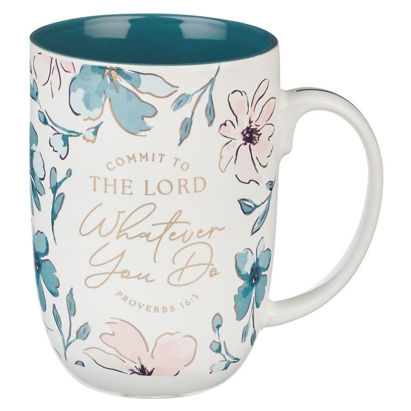 COMMIT TO THE LORD WHATEVER YOU DO CERAMIC MUG WITH TEAL INTERIOR