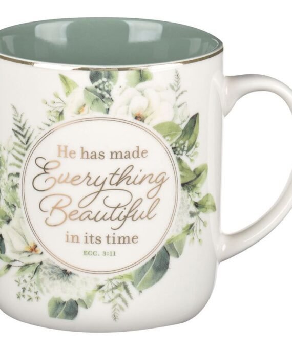 HE HAS MADE EVERYTHING BEAUTIFUL IN IT'S TIME FLORAL CERAMIC MUG WITH GREEN INTERIOR
