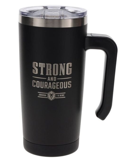 STRONG AND COURAGEOUS BLACK STAINLESS STEEL TRAVEL MUG WITH HANDLE