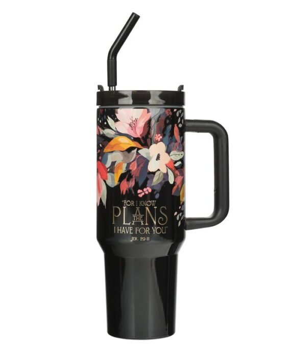 BE STRONG IN THE LORD LARGE STAINLESS STEEL TRAVEL MUG WITH HANDLE AND STRAW