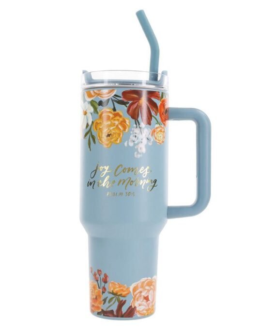 JOY COMES IN THE MORNING LARGE STAINLESS STEEL MUG WITH HANDLE AND STRAW