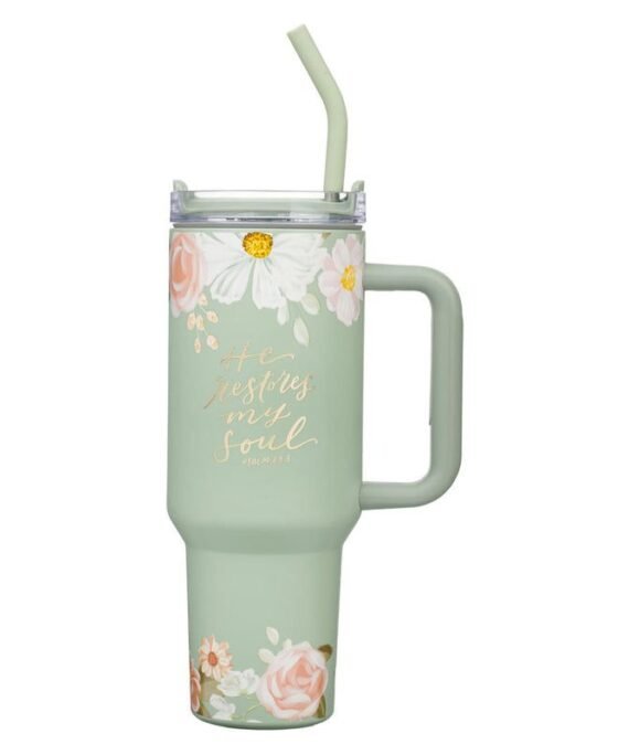 HE RESTORES MY SOUL LARGE STAINLESS STEEL MUG WITH HANDLE AND STRAW
