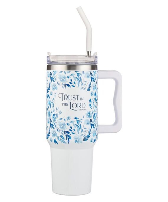 TRUST IN THE LORD WHITE AND BLUE FLORAL LARGE STAINLESS STEEL MUG WITH HANDLE AND STRAW