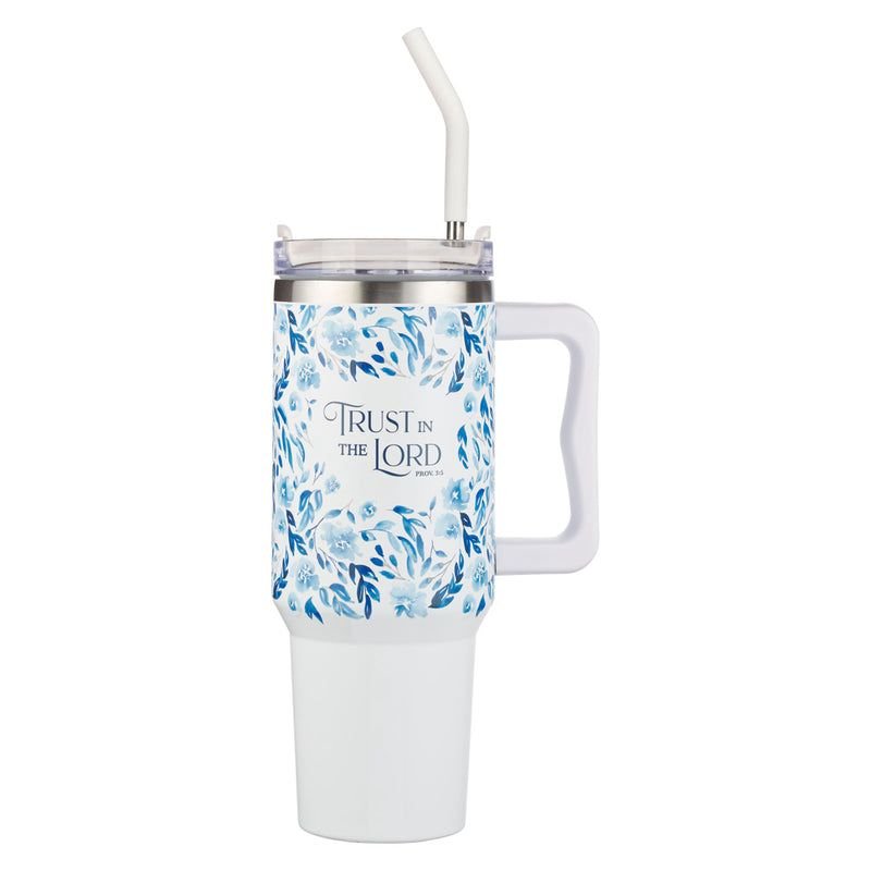 TRUST IN THE LORD WHITE AND BLUE FLORAL LARGE STAINLESS STEEL MUG WITH HANDLE AND STRAW