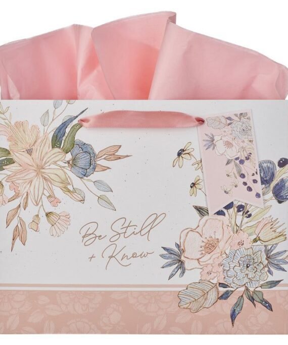 BE STILL AND KNOW PINK AND BLUE FLORAL LARGE LANDSCAPE GIFT BAG WITH GIFT TAG