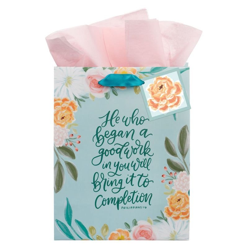 HE WHO BEGAN A GOOD WORK IN YOU WILL BRING IT TO COMPLETION MEDIUM GIFT BAG WITH GIFT TAG