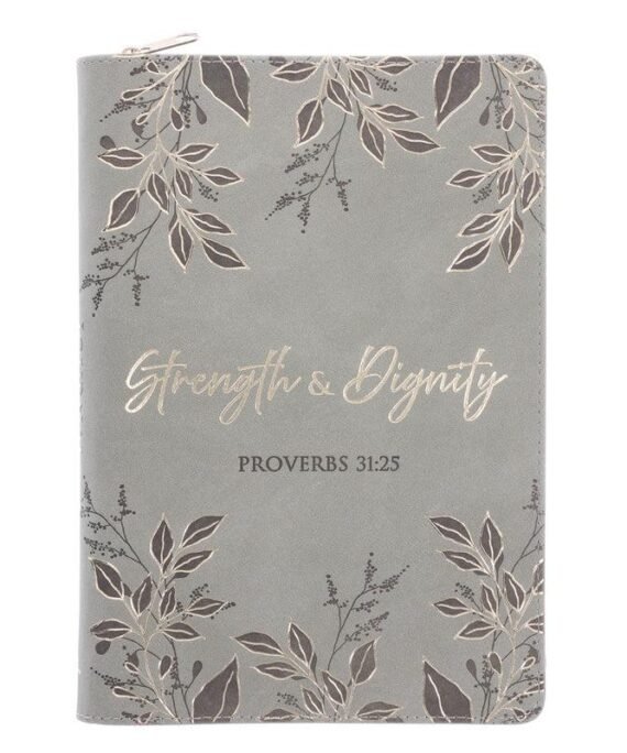 STRENGTH AND DIGNITY SAGE FAUX LEATHER JOURNAL WITH ZIPPED CLOSURE