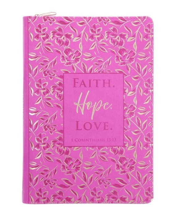 FAITH HOPE LOVE PINK FAUX LEATHER JOURNAL WITH ZIPPED CLOSURE
