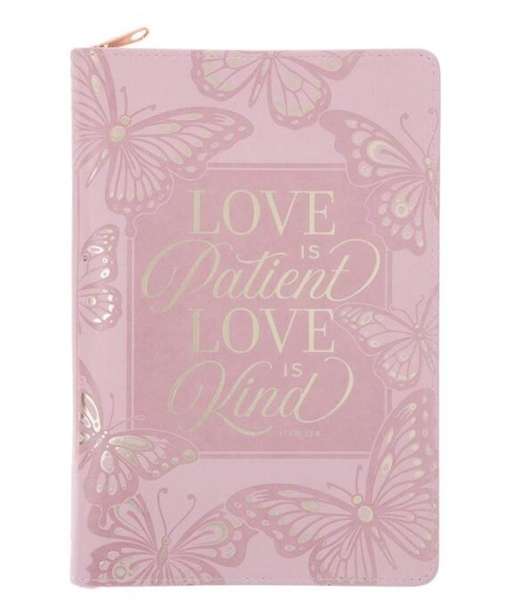 LOVE IS PATIENT LOVE IS KIND BLUSH PINK FAUX LEATHER JOURNAL WITH ZIPPED CLOSURE