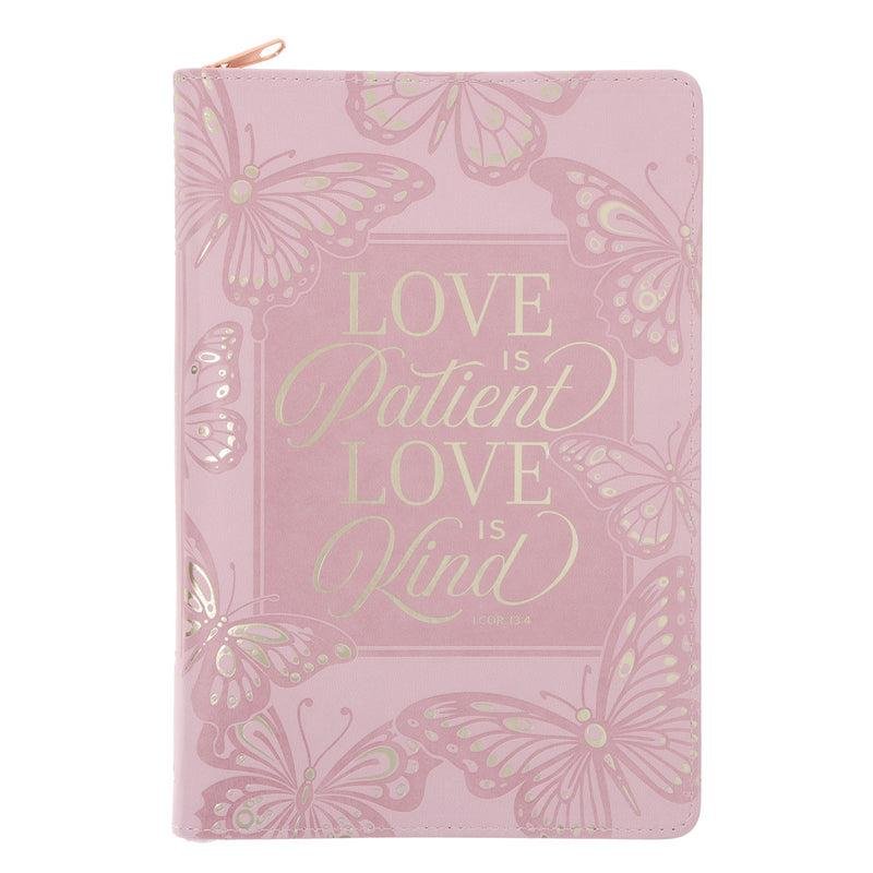 LOVE IS PATIENT LOVE IS KIND BLUSH PINK FAUX LEATHER JOURNAL WITH ZIPPED CLOSURE