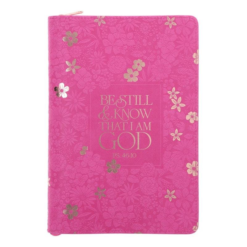 BE STILL AND KNOW THAT I AM GOD FLORAL HOT PINK FAUX LEATHER JOURNAL WITH ZIPPED CLOSURE