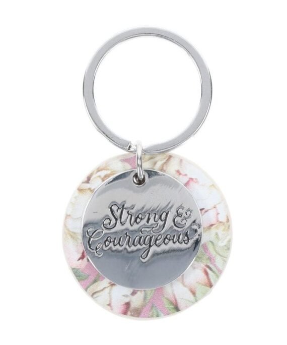 STRONG AND COURAGEOUS METAL AND FAUX LEATHER KEY RING