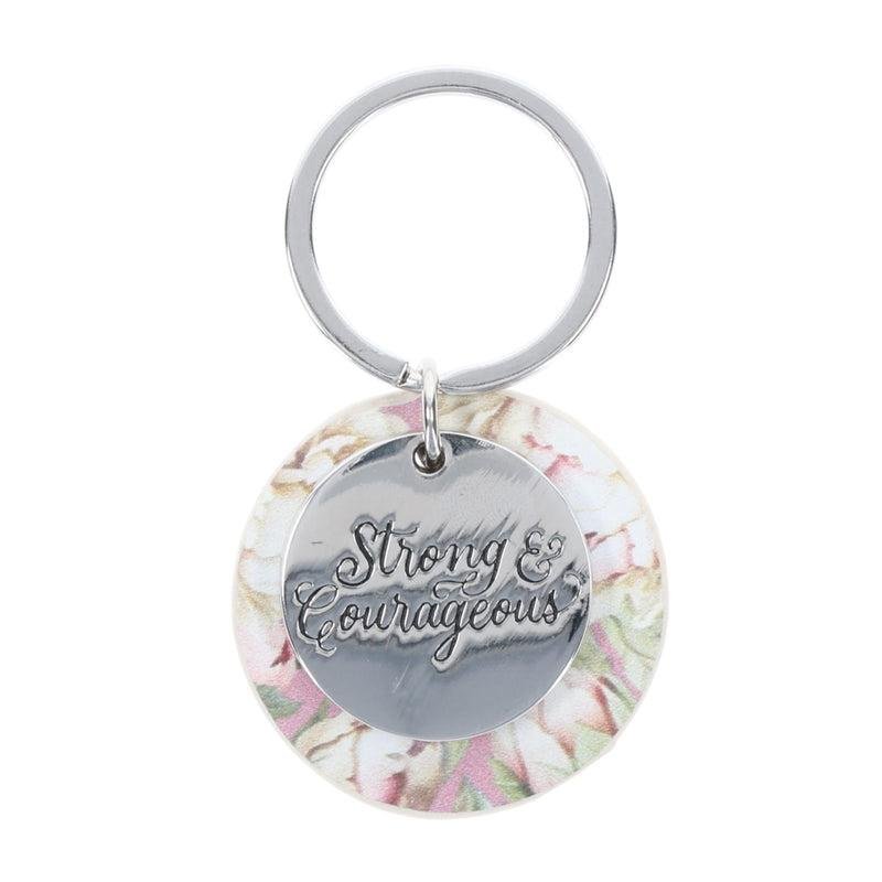 STRONG AND COURAGEOUS METAL AND FAUX LEATHER KEY RING