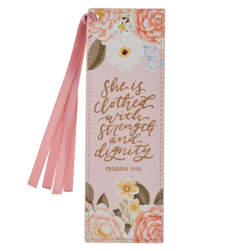 SHE IS CLOTHED WITH STRENGTH AND DIGNITY PINK (FAUX LEATHER BOOKMARK)
